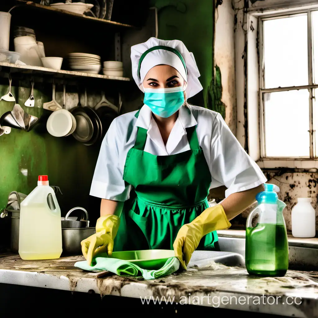 happy scullery maid green uniform junkyard in messy dirty soiled peach waterproof apron ivory headscarf and medical mask washing dishes oil
