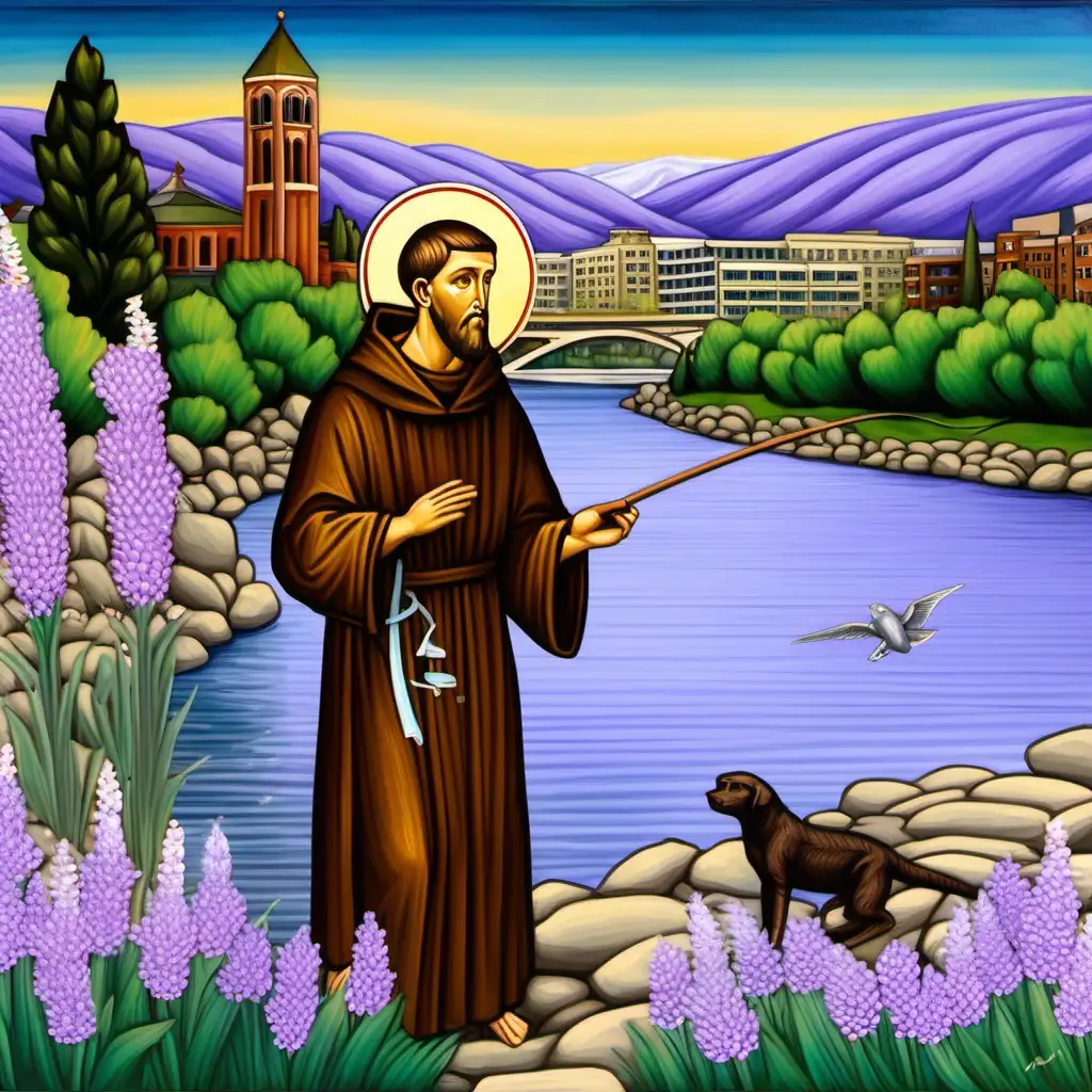 byzantine icon of saint francis standing along the banks of the spokane river fishing for salmon.  the spokane clocktower is in the distance.  lilac flowers grow on alongside saint francis.