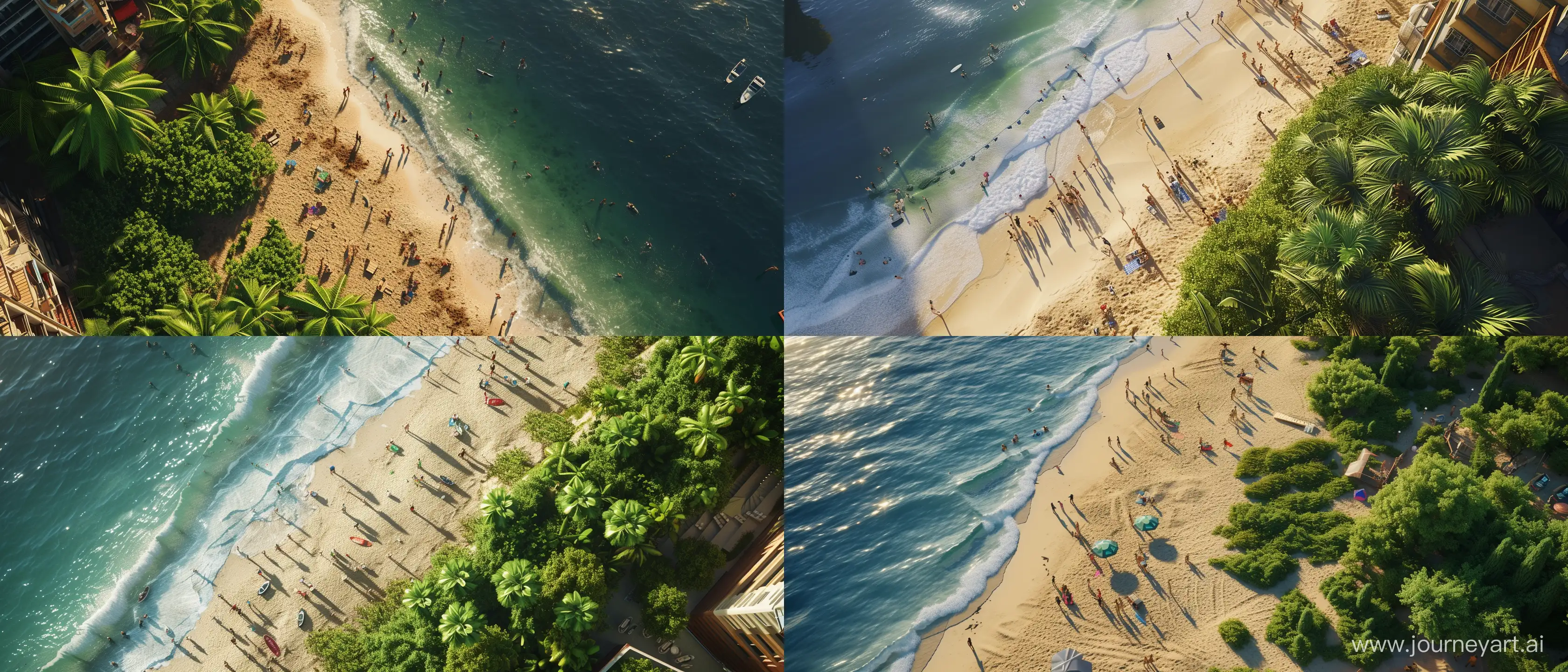 an aerial view from top to bottom "beach with people, vegetation next to it and then some buildings"; sunny day; using all the graphic, lighting, design and scenery techniques of the most hyper-realistic and current animations of the last generation; Ray tracing; 32k; better CGI; all parts of the image must be of the highest possible quality; --ar 21:9 --v 6.0