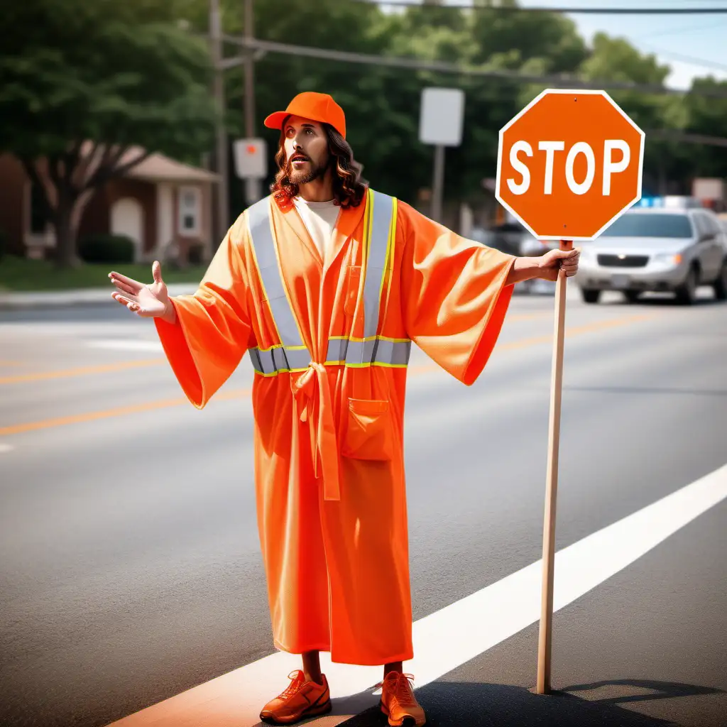 Jesus as a Crossing Guard Directing Traffic with a Stop Sign
