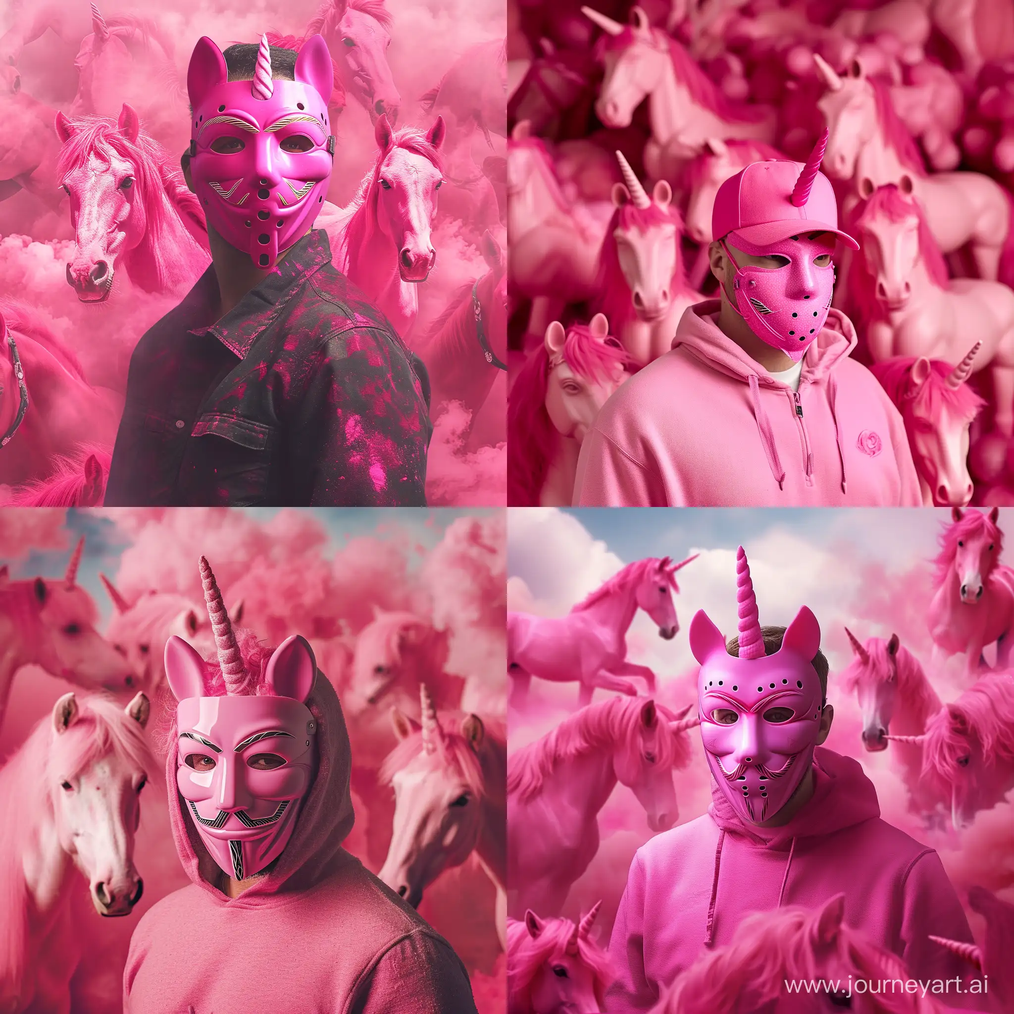 A man in a pink Anonymous mask on a background of pink ponies