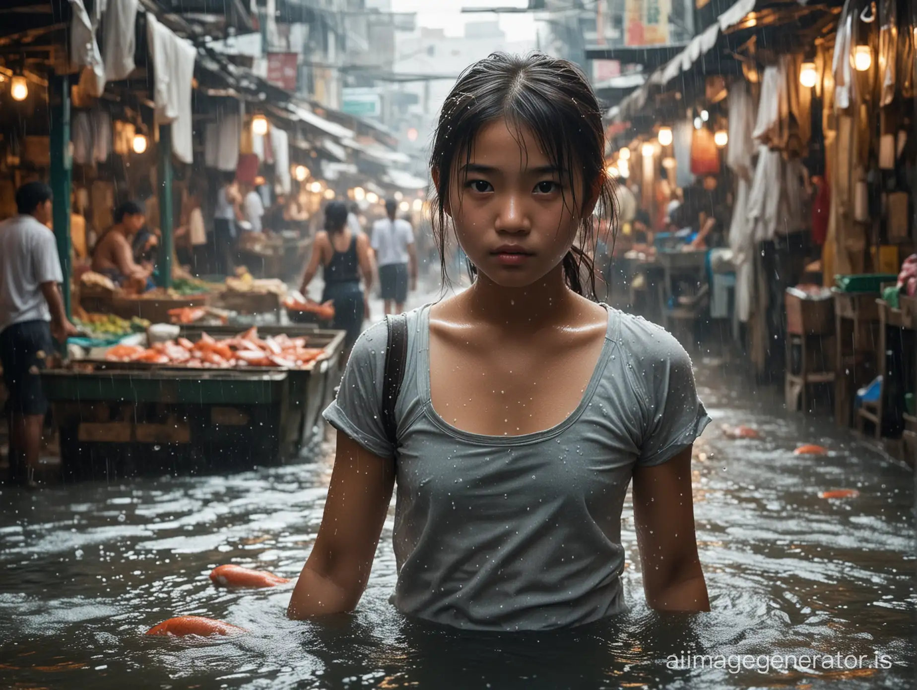 The 13 year old girl stood in the bustling Asian fish market, her bare chest glistening with sweat under the bright, white lights. The air around her was heavy with the pungent smell of fish and the chaotic sounds of bargaining and haggling. Despite the chaos, the girl stood confidently, her dark hair sticking to her flushed cheeks as she pulled a heavy box of fish through the crowded aisles. The icy water dripped down her arms and legs, mixing with the sweat and leaving trails of shimmering droplets in its wake. She was determined and focused, her young but strong arms straining with the weight of the box. In that moment, she embodied the energy and resilience of the market, her determination shining through the beads of sweat on her skin. She was a stark contrast to the hustle and bustle around her, a young girl amidst the chaos, working hard and holding her own in a traditionally male-dominated environment. It was a vibrant and powerful image, one that captured the essence of the fish market and the strength of a young girl.