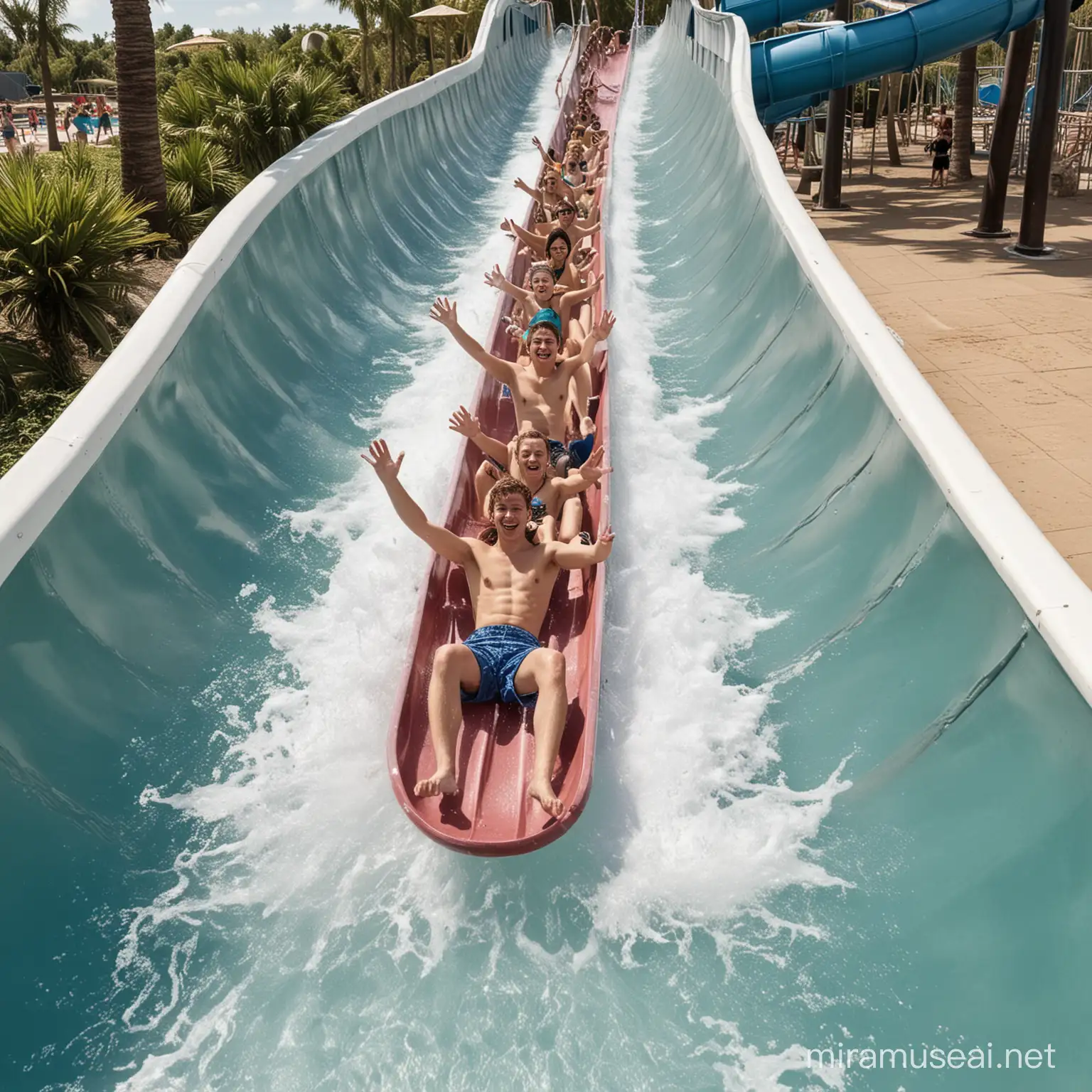 young people going down a slide in a water park