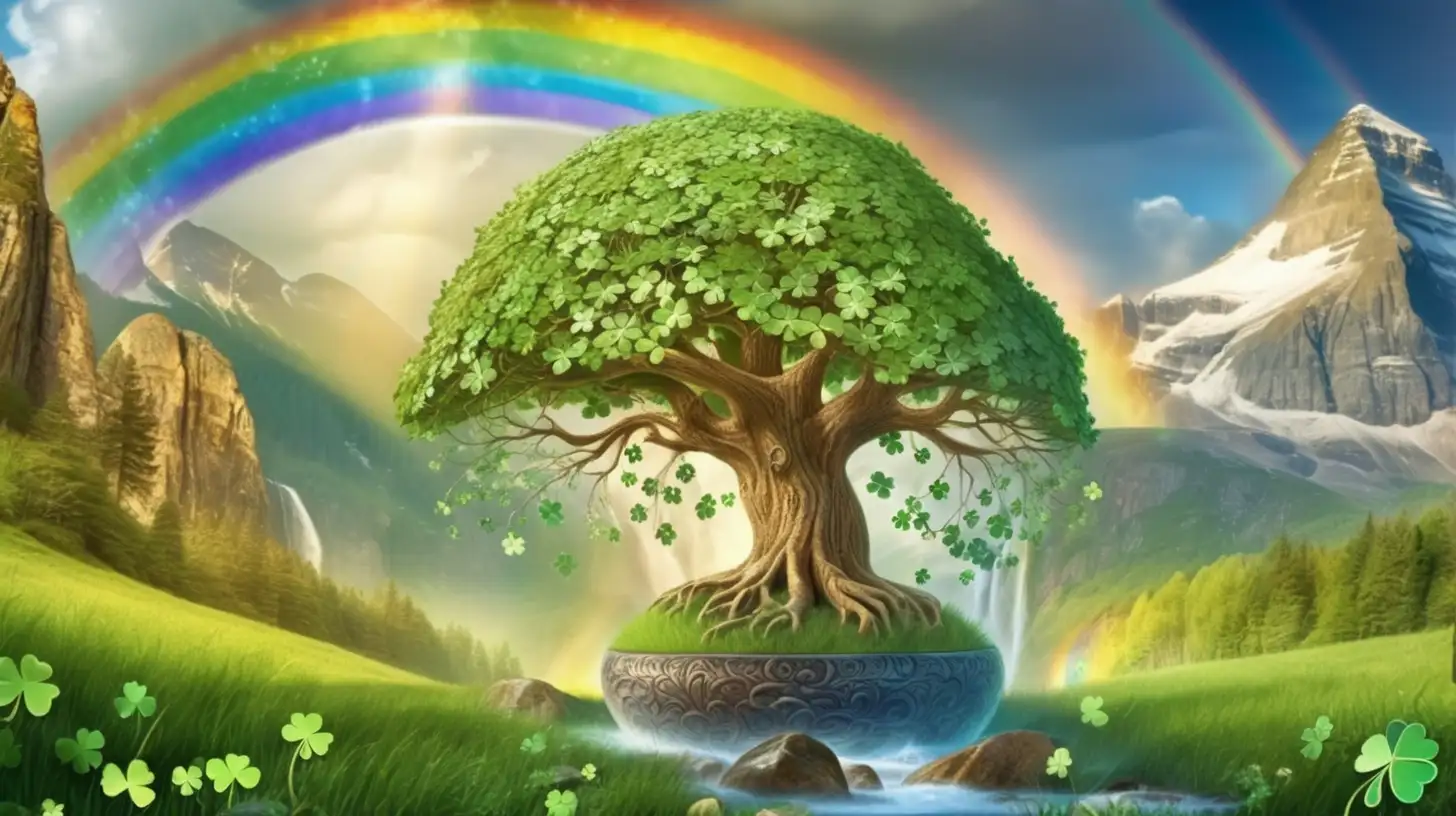Fairytale-magical and a pot of gold coins with a rainbow and mountain cliffs. shamrocks and magical-fairytale trees