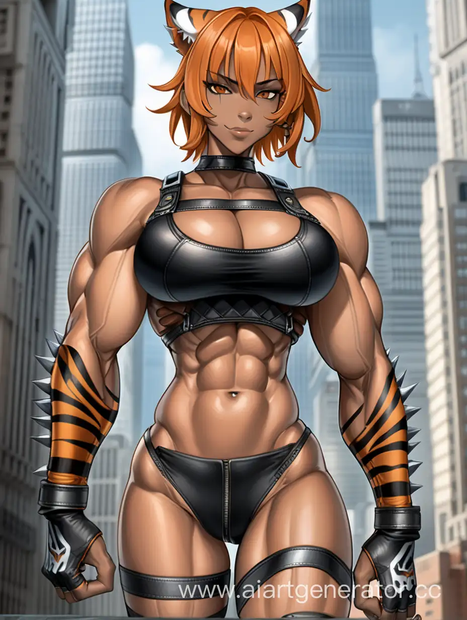 Above View, Full Body View, City Street, Walking Around,  1 Person, Women, Beastwomen, Tiger Ears, Orange Hair, Black Striped Hair, Short Hair, Spiky Hairstly, Dark Ebony Brown Skin, Black Body Suit, Black Body Armor,  Perfect Hands, Five Finger, Seriuos Smile, Brown Eyes, Sharp Eyes, Perfectly Symmetrical Body, Tall Body, Massive Breasts, Muscular Detailed Arms, Muscular Legs, Well-toned Body, Muscular Body, Well-toned Abs, Hard Abs, Detailed Abs, Tiger Body Stripes,  