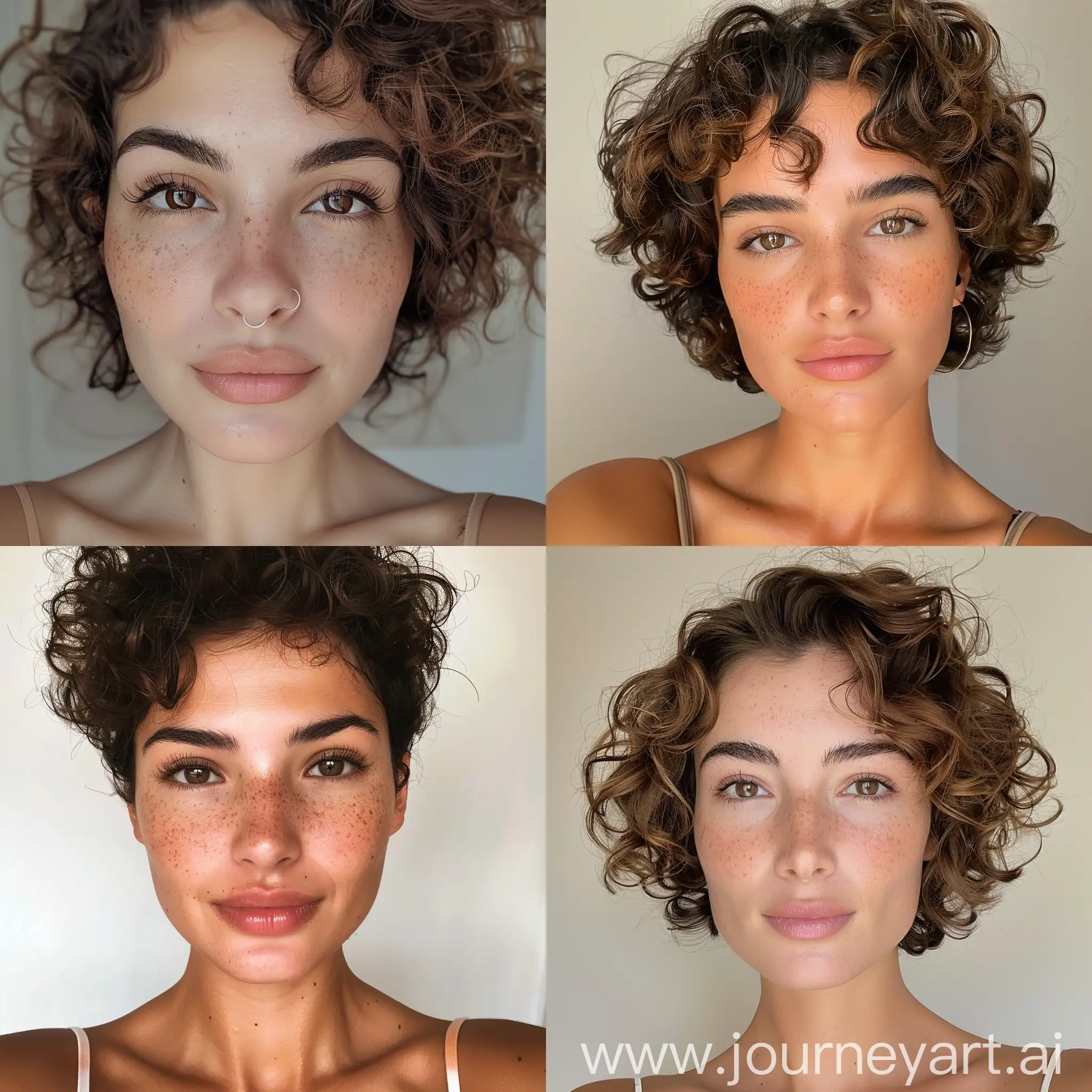 Spanish american female, 28y.o, instagram model, light skin, soft nose, thin perfect face, eyebrows, female, short brown hair, curly hair, brown eyes, slim