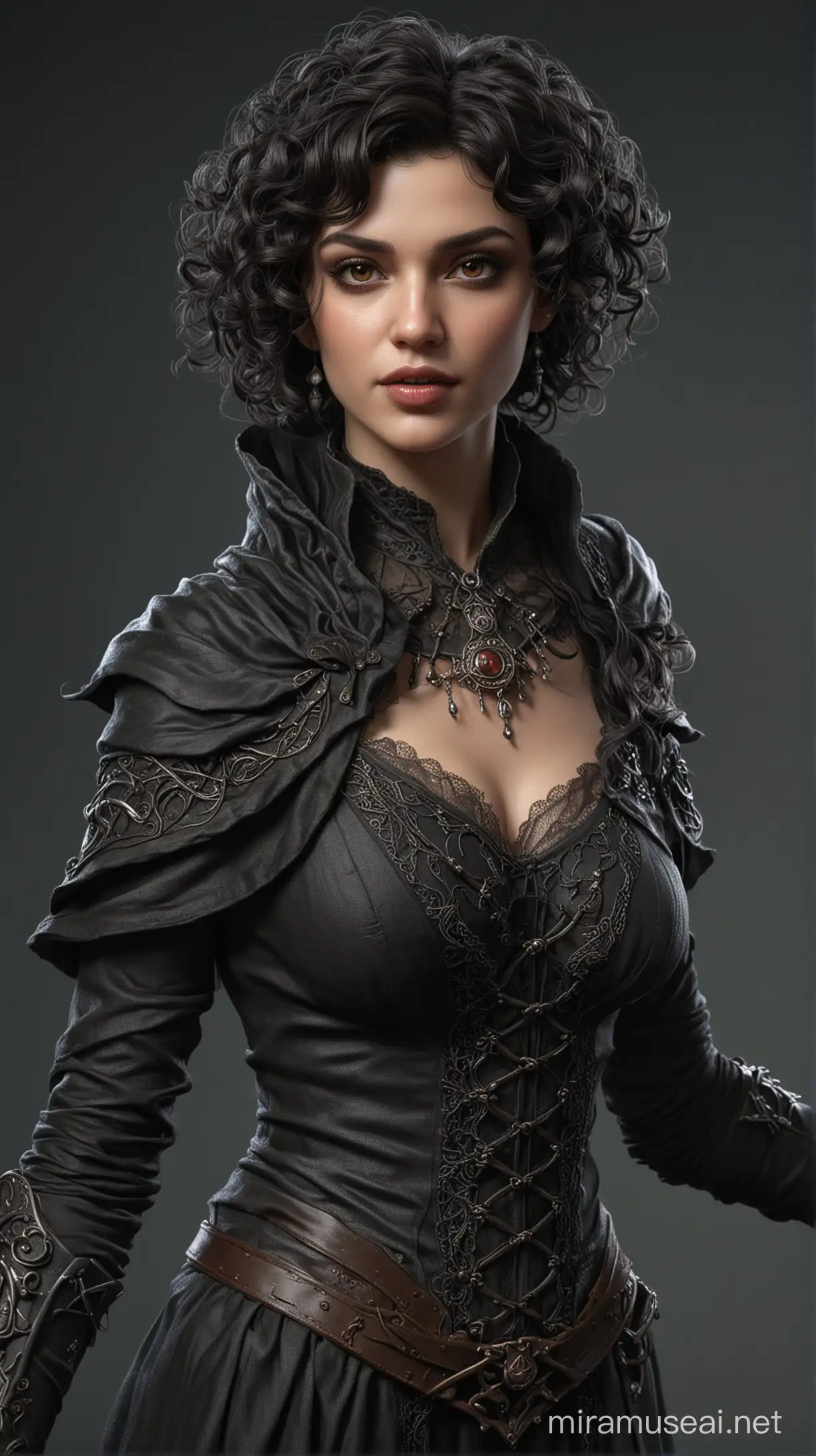 A photorealistic full-body picture of a beautiful female necromancer wizard with short black curly hair, brown eyes, big lips