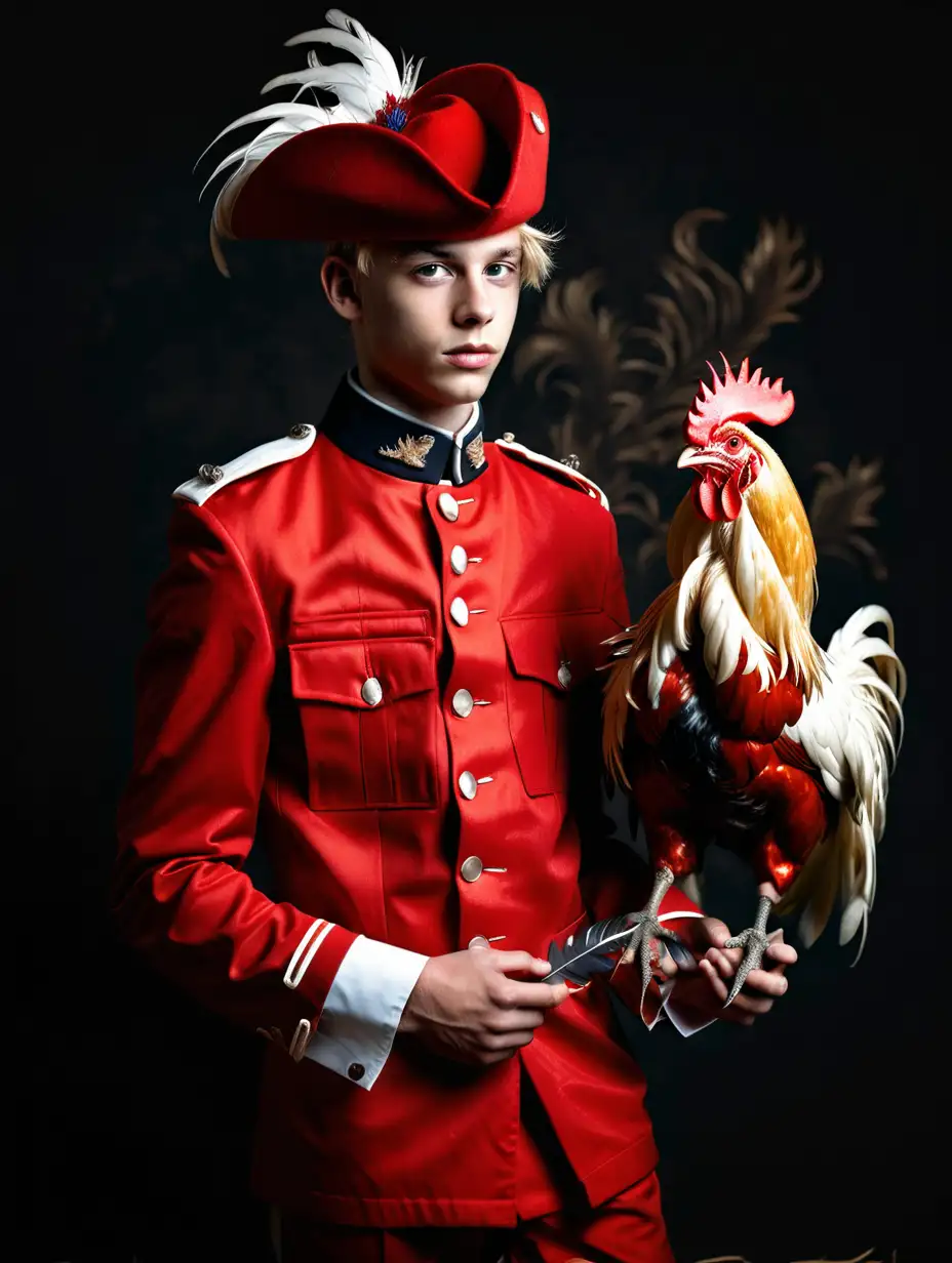Blond Model in Smart Red Military Suit Holding Rooster on Dark Background