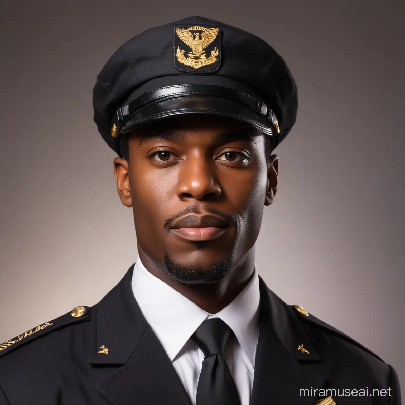 photo of a male black airline pilot looking to the left with the pilot cap