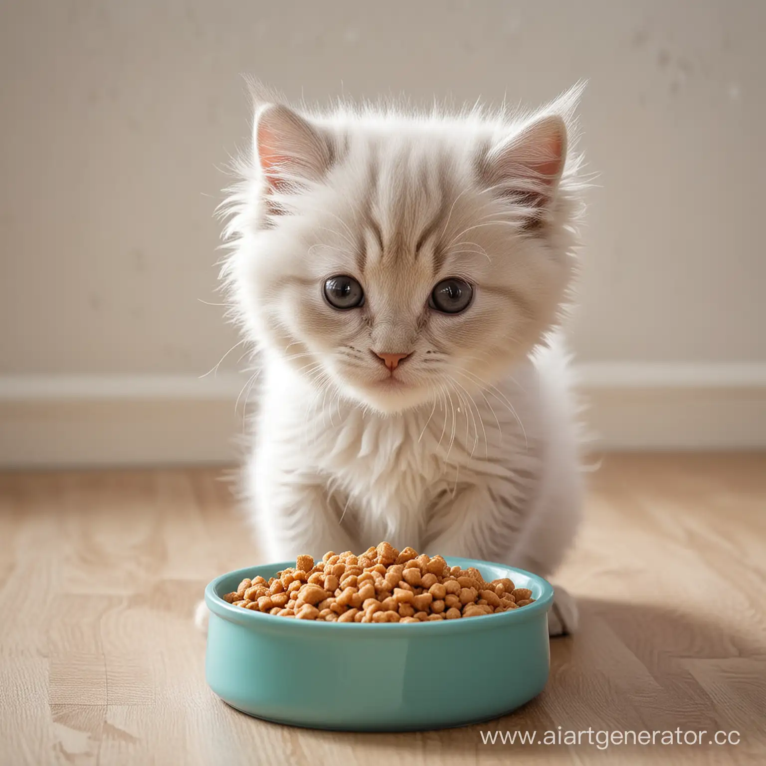 Очень пушистый котик кушает из миски кошачий корм