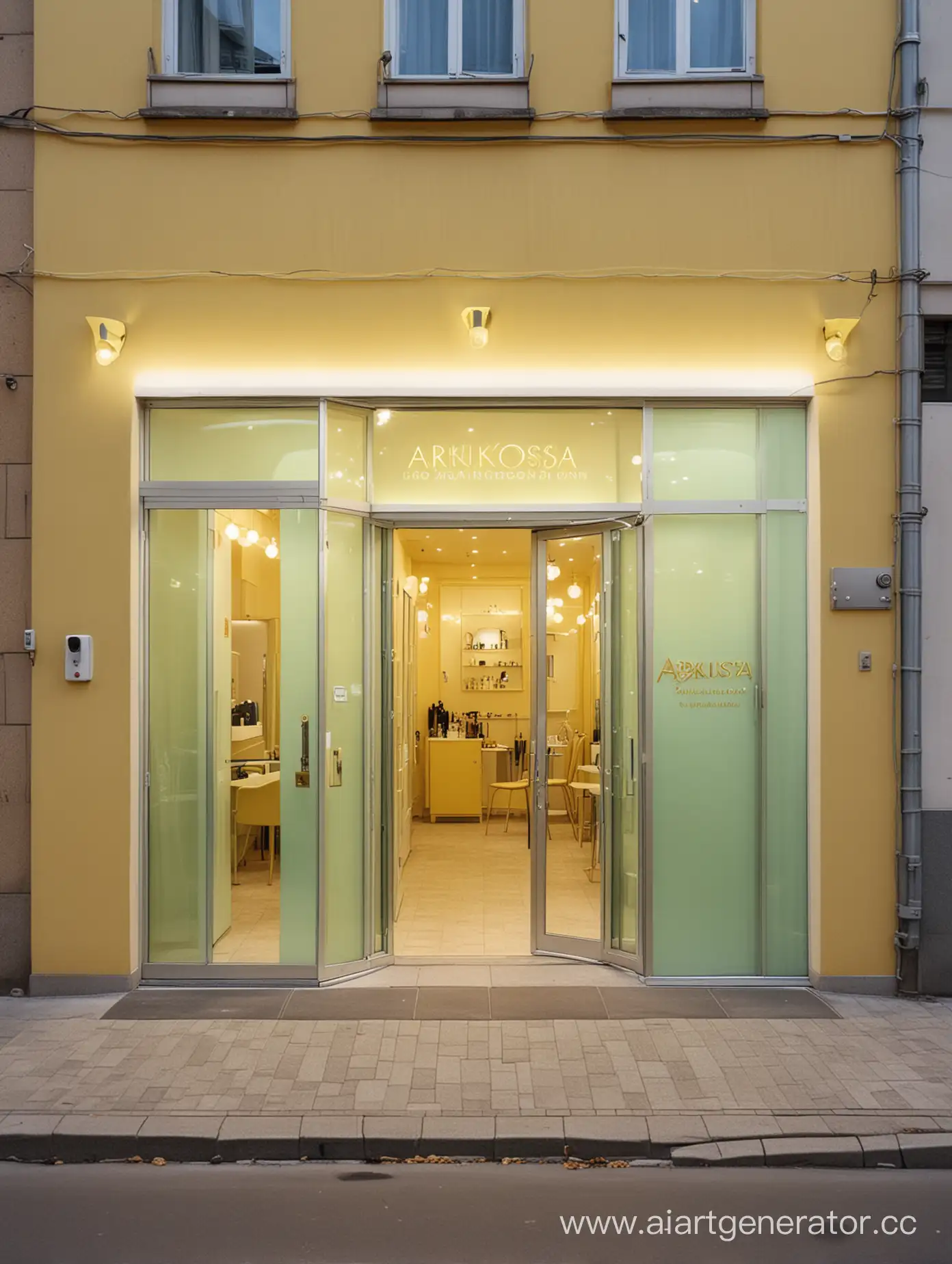 Urban-Beauty-Salon-Entrance-with-Yellow-Light-Bulbs
