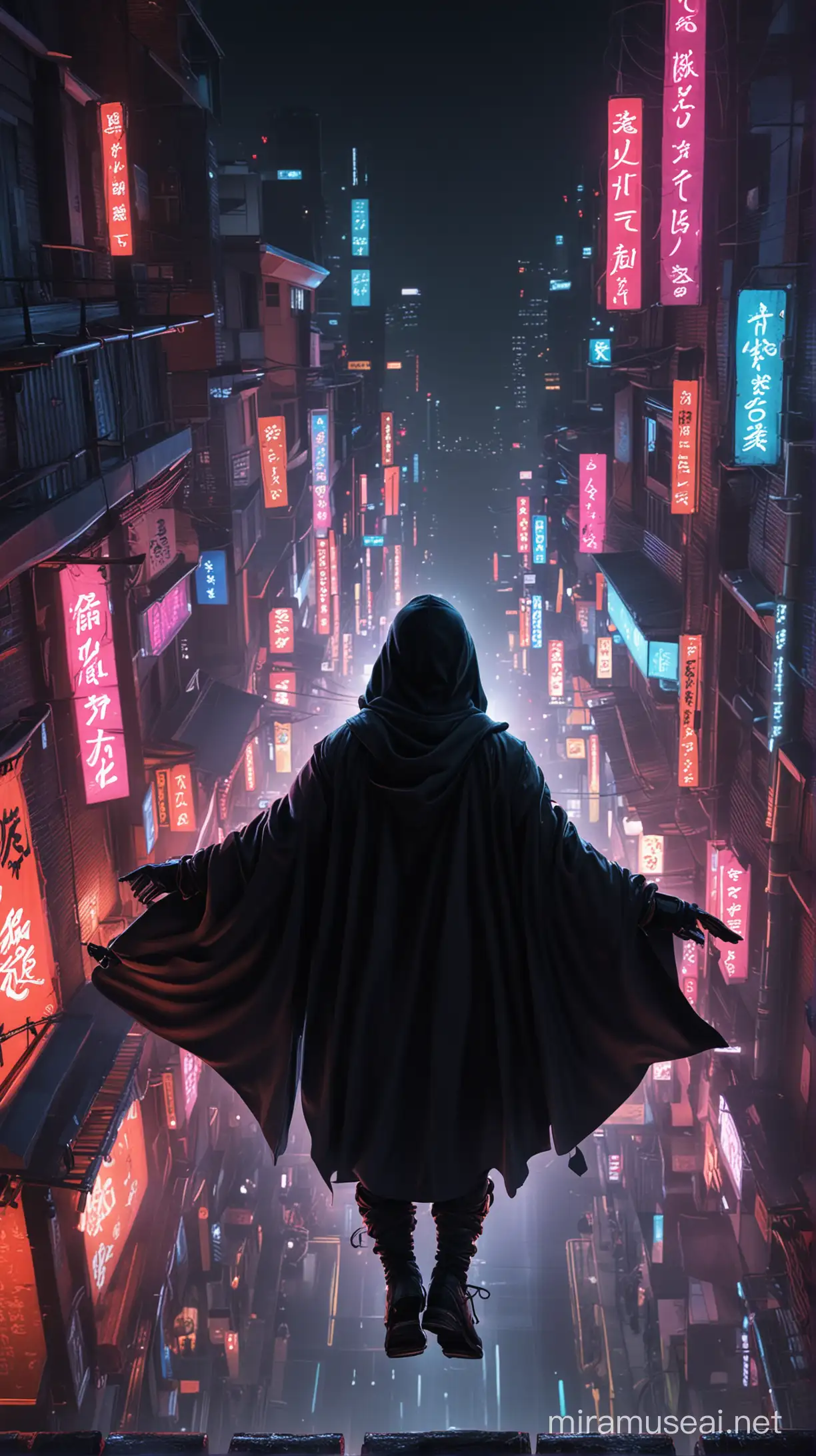 A perspective view from behind a ninja, looking down onto a neon-lit street from a high vantage point. The ninja's cloak flutters in the wind, revealing glimpses of neon light underneath, suggesting the blending of tradition and futurism.