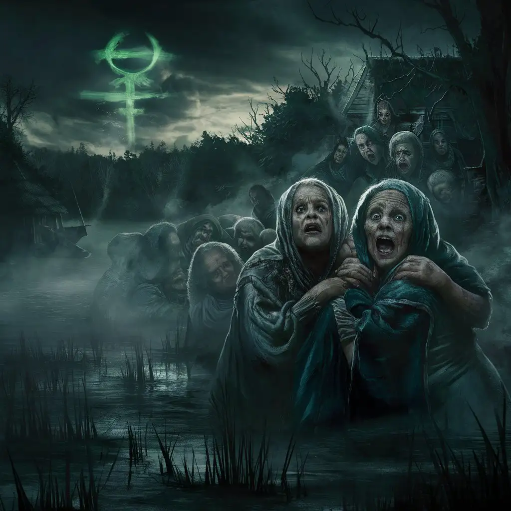 Eerie Forest Mysterious Green Symbol and Howling Women