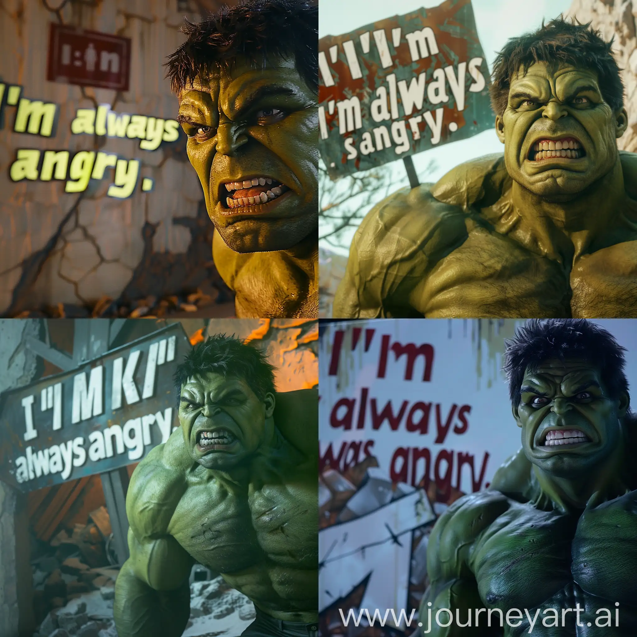 Cinematic shot of the Hulk with a sign in the background saying, “I’m always angry.”