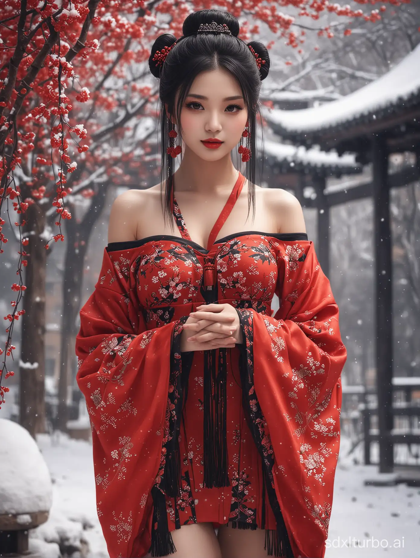 Enchanting-Solo-Portrait-Elegant-Lady-in-Red-Chinese-Attire-with-Floral-Accents