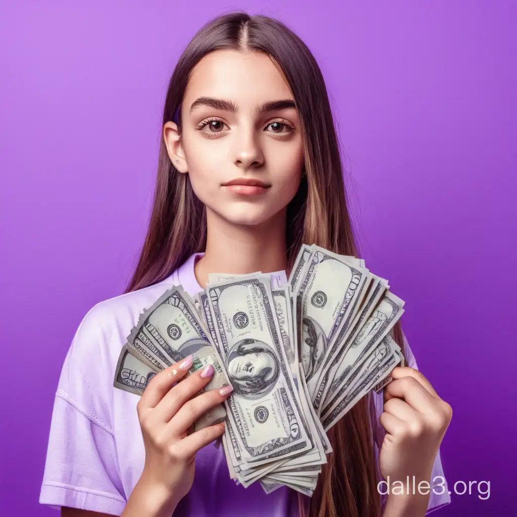 Девушка с деньгами на фиолетовом фоне