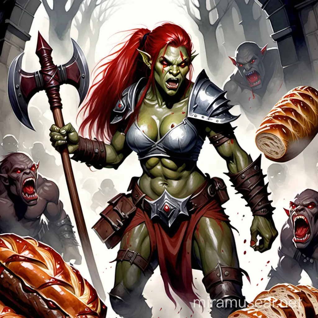 Fantasy watercolor painting in the style of magic the gathering and dungeons and dragons. Female half orc half human with strong menacing features, orc tusks in the mouth, muscular, with long red hair, red eyes, gray skin.  She has a large two handed axe, and surrounded by loaves of bread.  backpack full of bread.