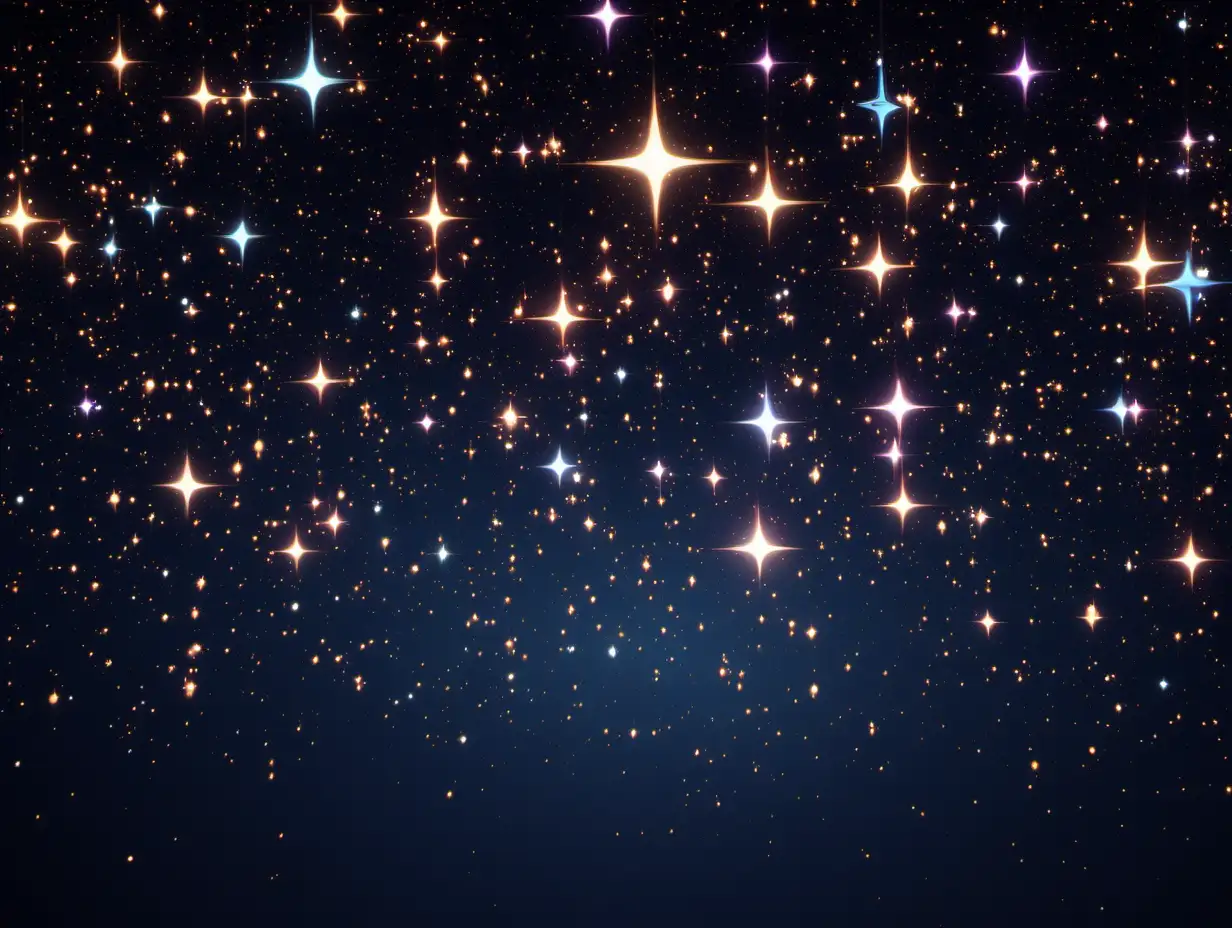Whimsical CGI Animated image showing stars against a  dark background, stars should be sparking,  hypermaximalist, octane render, --ar 4:3 --s 750.'