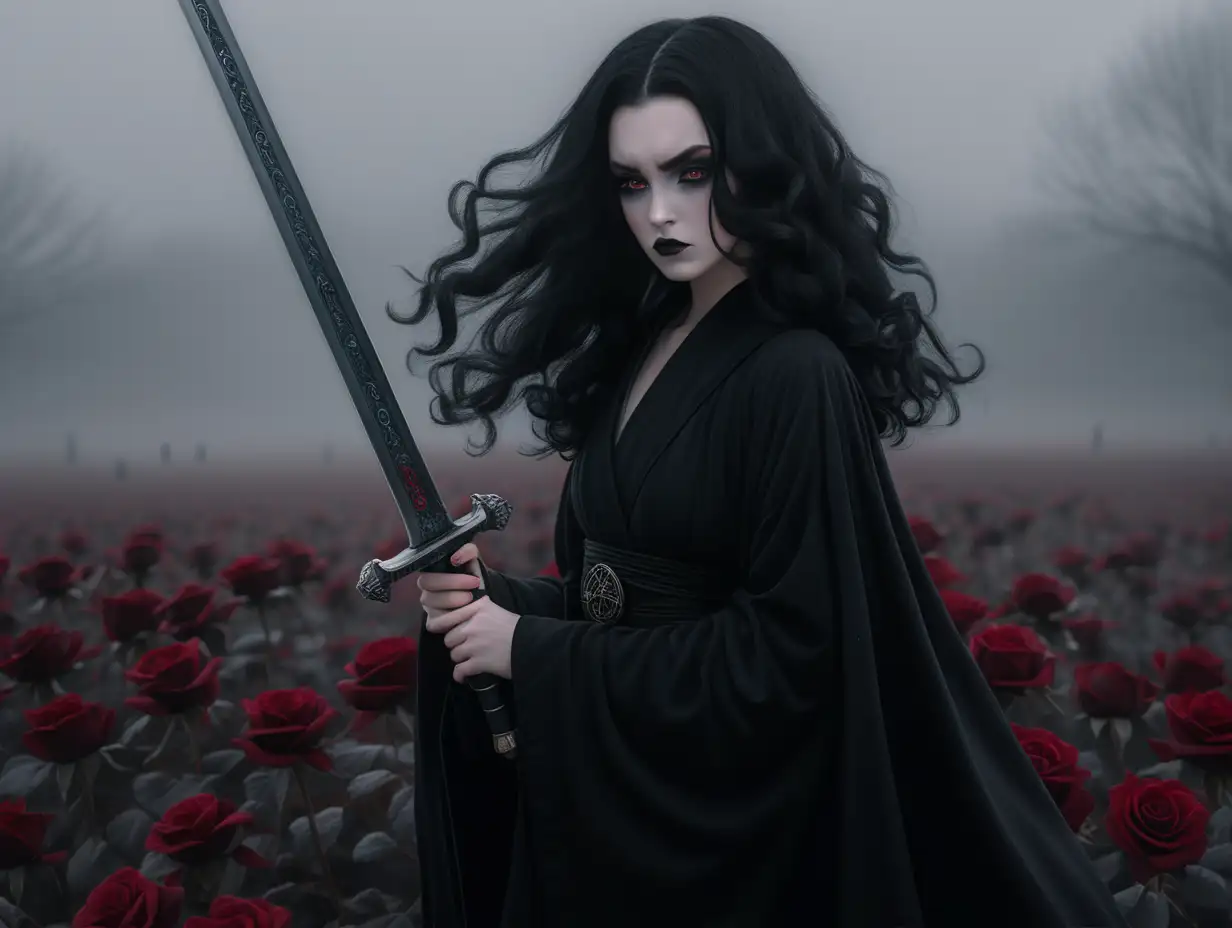 Black haired woman in black robes. goth, female, pale skin, long curly black hair, jedi, black makeup, streaking mascara, black jedi robes, black roses in her hair, saddened, standing in a foggy field of black roses, fantasy, Anime. Grey eyes. Holding a sword ready for battle