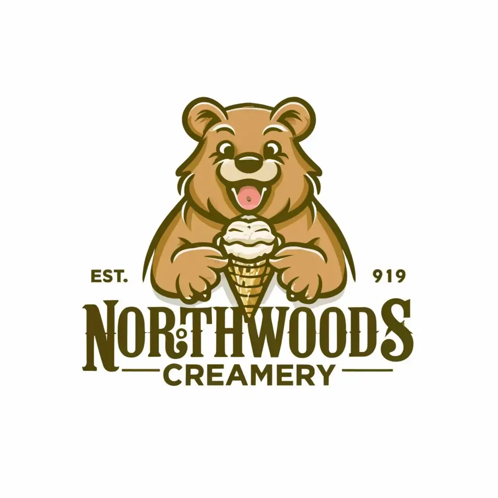 a logo design, with the text 'Northwoods Creamery', main symbol: a bear eating ice cream out of a waffle cone. trees in the background, Moderate, to be used in Restaurant industry, clear background