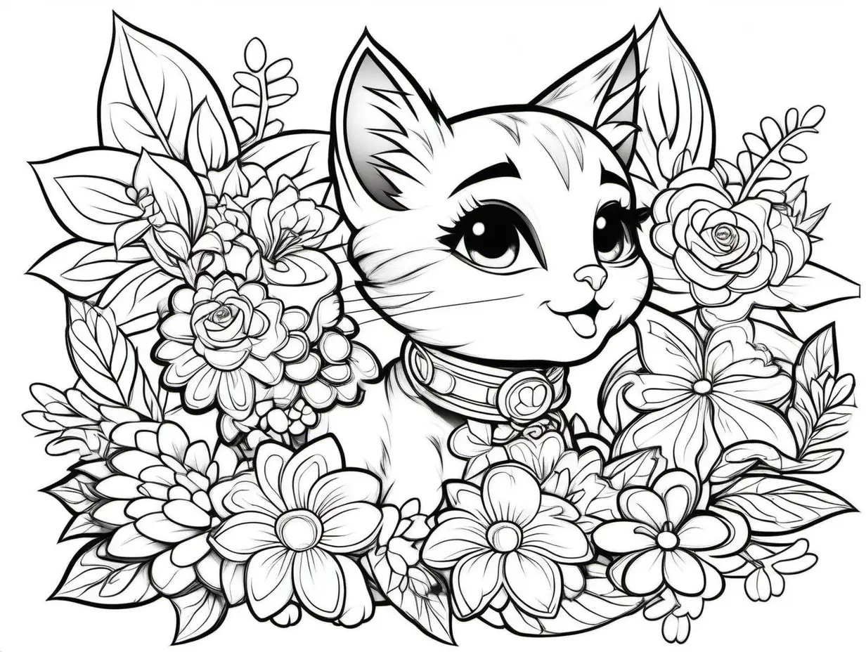 black and white coloring page for kids cartoon style cute kitten with flowers and Zaraya