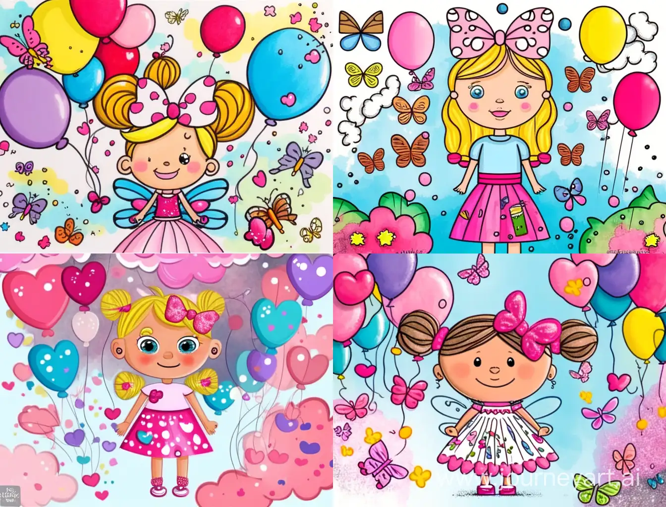 A cartoon-style drawing of a cute rosy cheeks girl wearing a pink dress with dark spots and a bow in her hair surrounded by oversized pencils, balloons that are almost as tall as she is, and Butterflies in different sizes and colors flutter around the scene adding to the magical atmosphere. The background features an abstract splash of pastel colors like pink, yellow, and blue creating an ethereal backdrop, small hearts are scattered throughout the image adding to its whimsical nature, the colorful art style is characterized by soft textures, pastel colors, and playful proportions, in the style of CONFETISTAR.