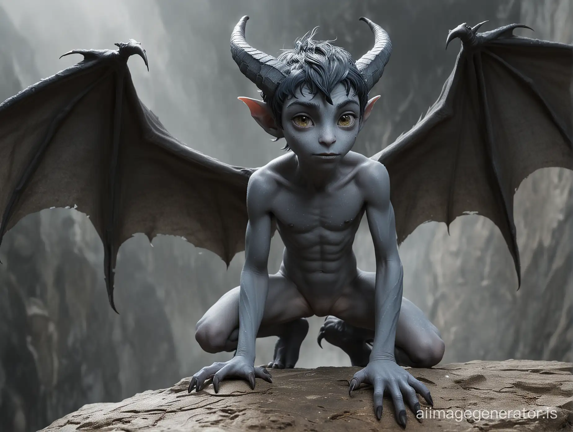 A nude Teenboy with very smooth gray-blue skin and some freckles. He has bat-like wings and a Tail. He is skinny. He has pointet ears. He has dark hair. He has claws instead of fingers and toes. He has animal-like feet. Two natural sharp horns growing from his forehead. He stands on a Rock in a dark cloudy Night like a Gargoyle. Show the entire boy in a long shot.