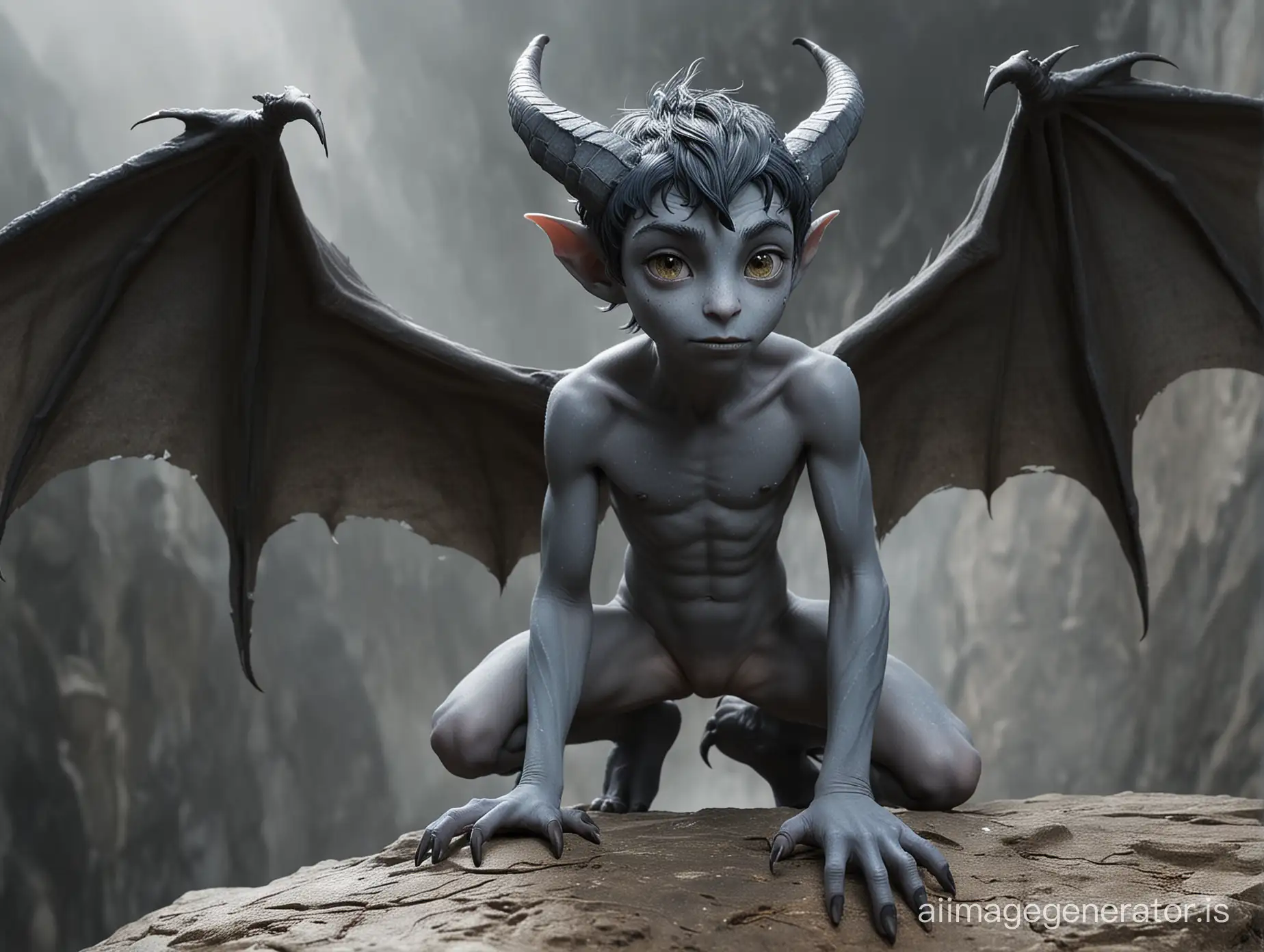 A nude Teenboy with very smooth gray-blue skin and some freckles. He has bat-like wings and a Tail. He is skinny. He has pointet ears. He has dark hair. He has claws instead of fingers and toes. He has animal-like feets. Two natural sharp horns growing from his forehead. He stands on a Rock in a dark cloudy Night like a Gargoyle. Show the entire boy in a long shot. 