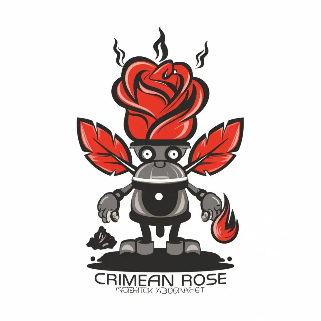 logo, The author's style "Paradoxical reality of optimal minimum of limitless possibilities" in the field of luminescent design technology for the image "CRIMEAN ROSE in the form of a character of an abstract fairy boiler on chicken legs, a pile of coal on the right side, firewood on the left side, image without text, background white color", with the text "___", typography