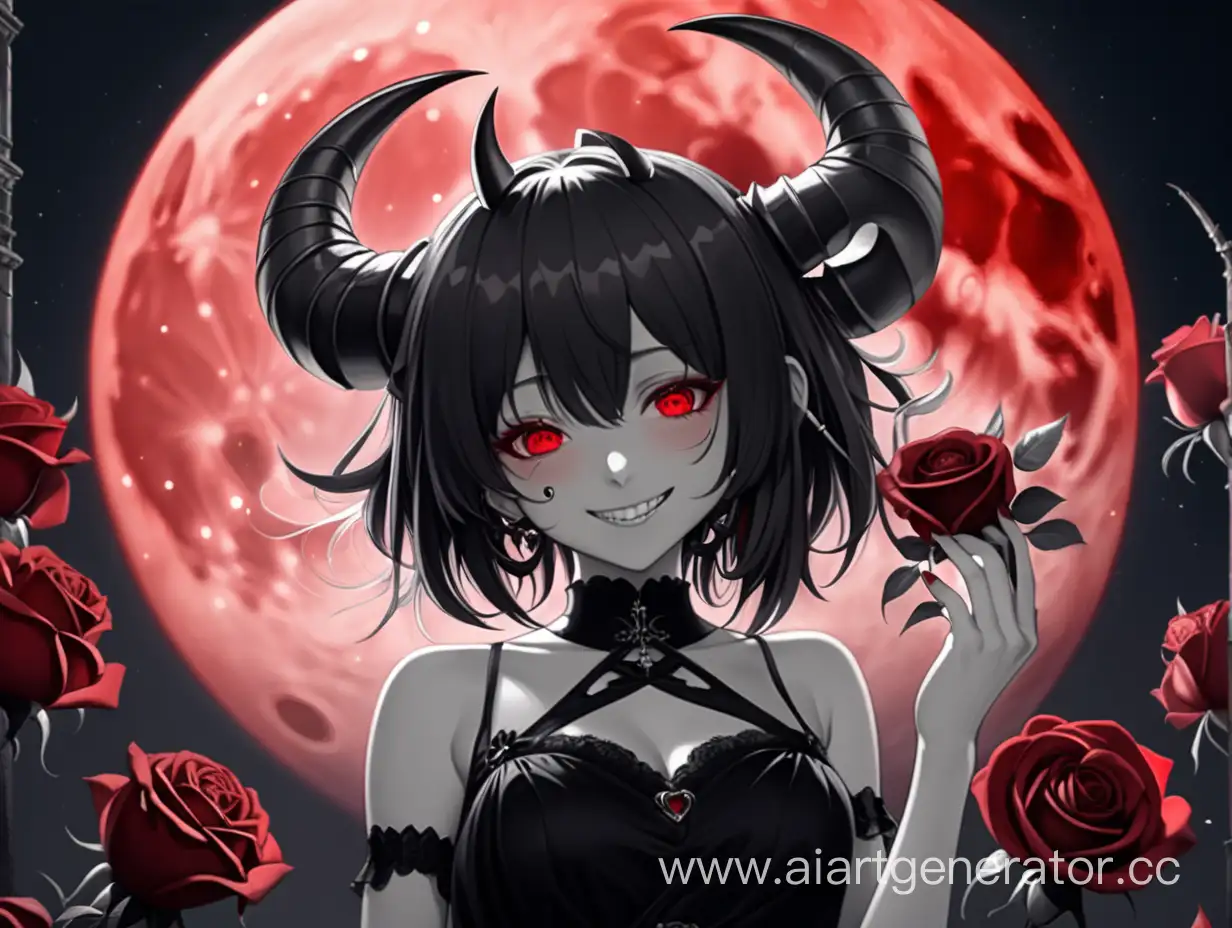 Smiling-Anime-Demon-Girl-in-Black-Dress-with-Red-Roses