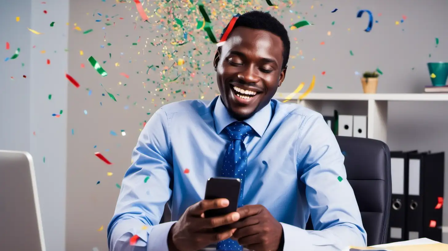 Joyful African Businessman Reading Text Message in Vibrant Office Atmosphere