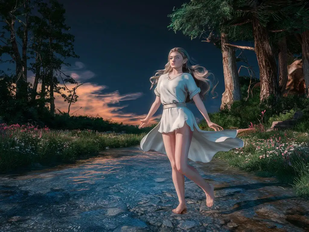 A beautiful nymph, with a white tunic, over a stream of clear water, in a beautiful forest, with flowers and trees and beautiful sunset, and a dark blue sky, HD, 4K, SDXL, realistic, very detailed, high quality