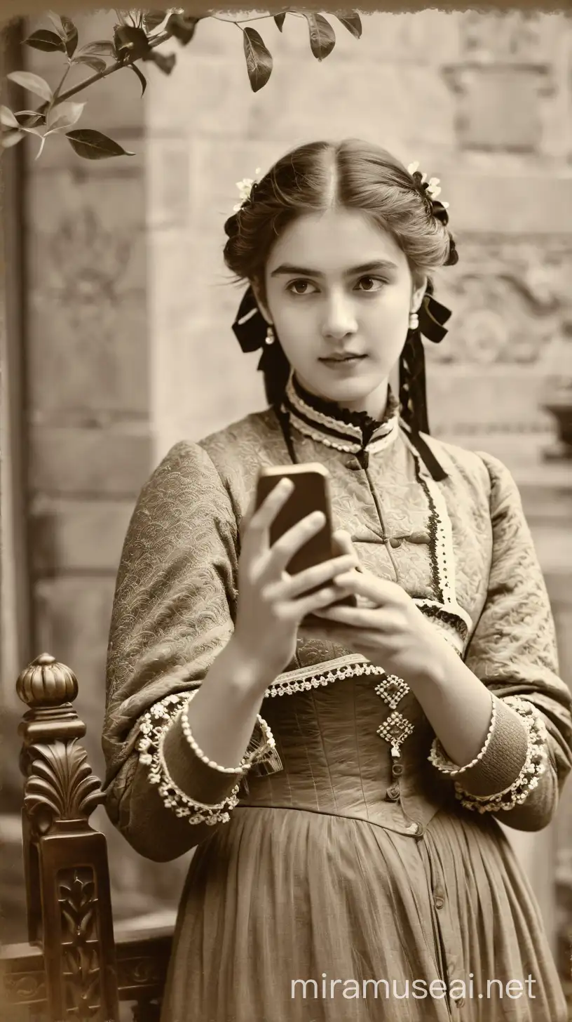 Girl from XIX century grabbing a cellphone 