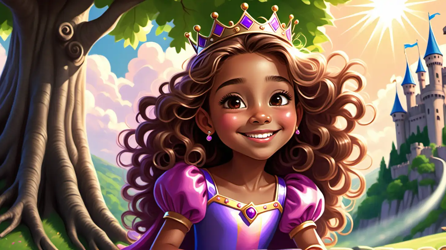 Flat art, children's book, cute, 7 year old girl, tan skin, light hazel head down,Joyful, HAPPY expression, big long tight curl hair brown hair, beautiful, pink and purple princess dress, large crown, sun rays. close up portrait, green nature,sitting, tree over head, castle in landscape, blue sky, clouds, small stud earrings