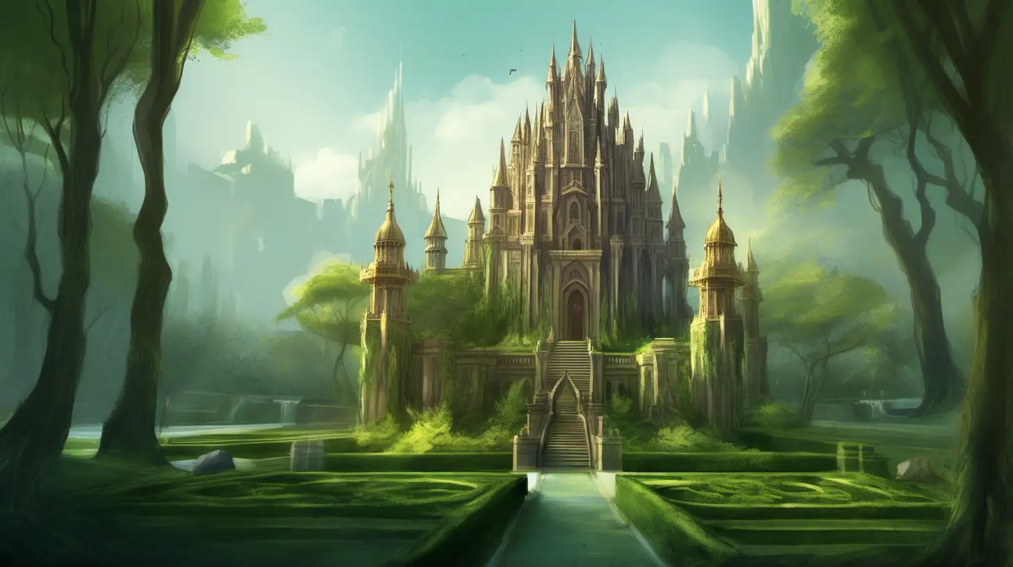concept art, a beautiful castle that resembles a temple, garden landscape