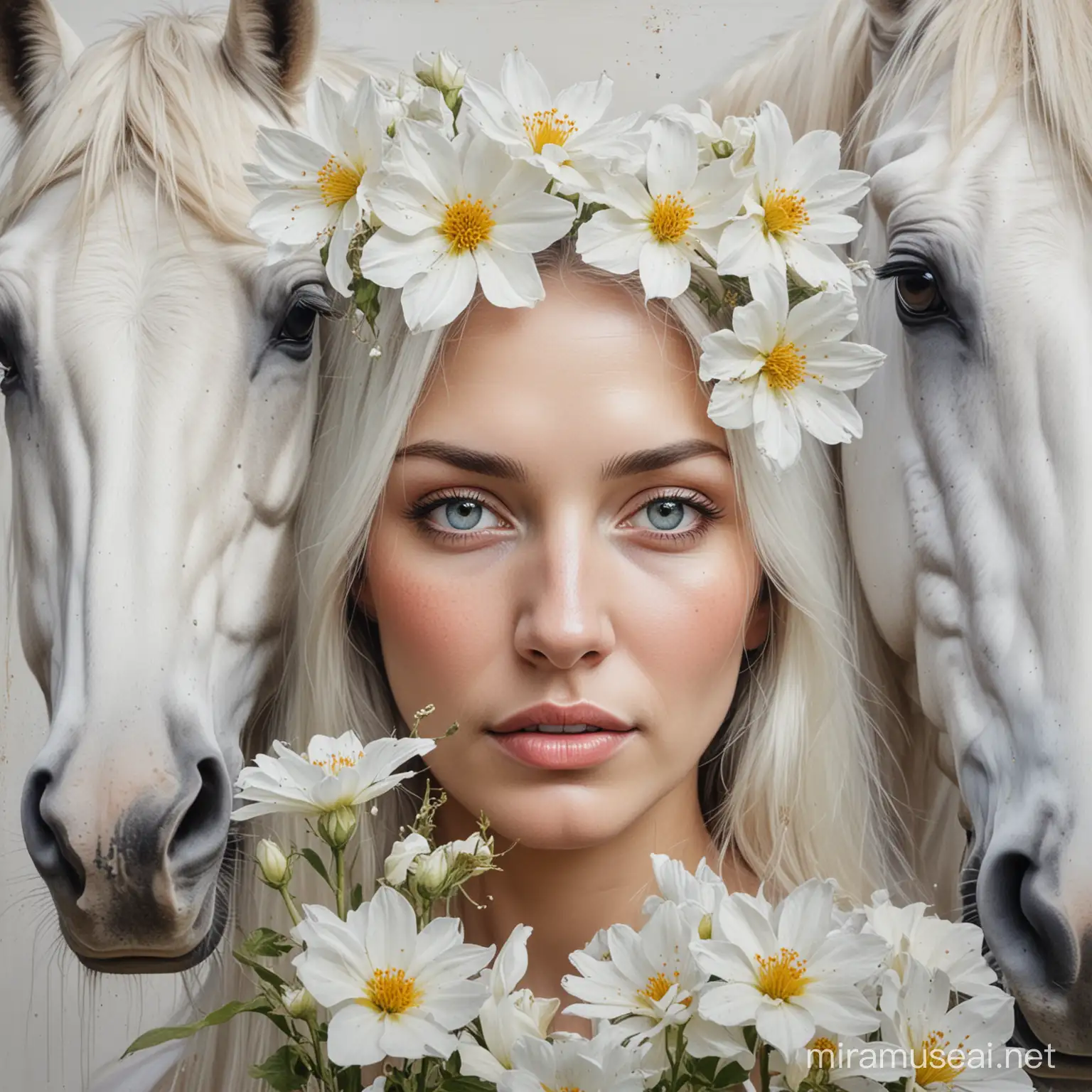 mixed media painting with lots of white of a woman's face intense eyes looking at viewer with horses and a flower of unusual proportions in the background