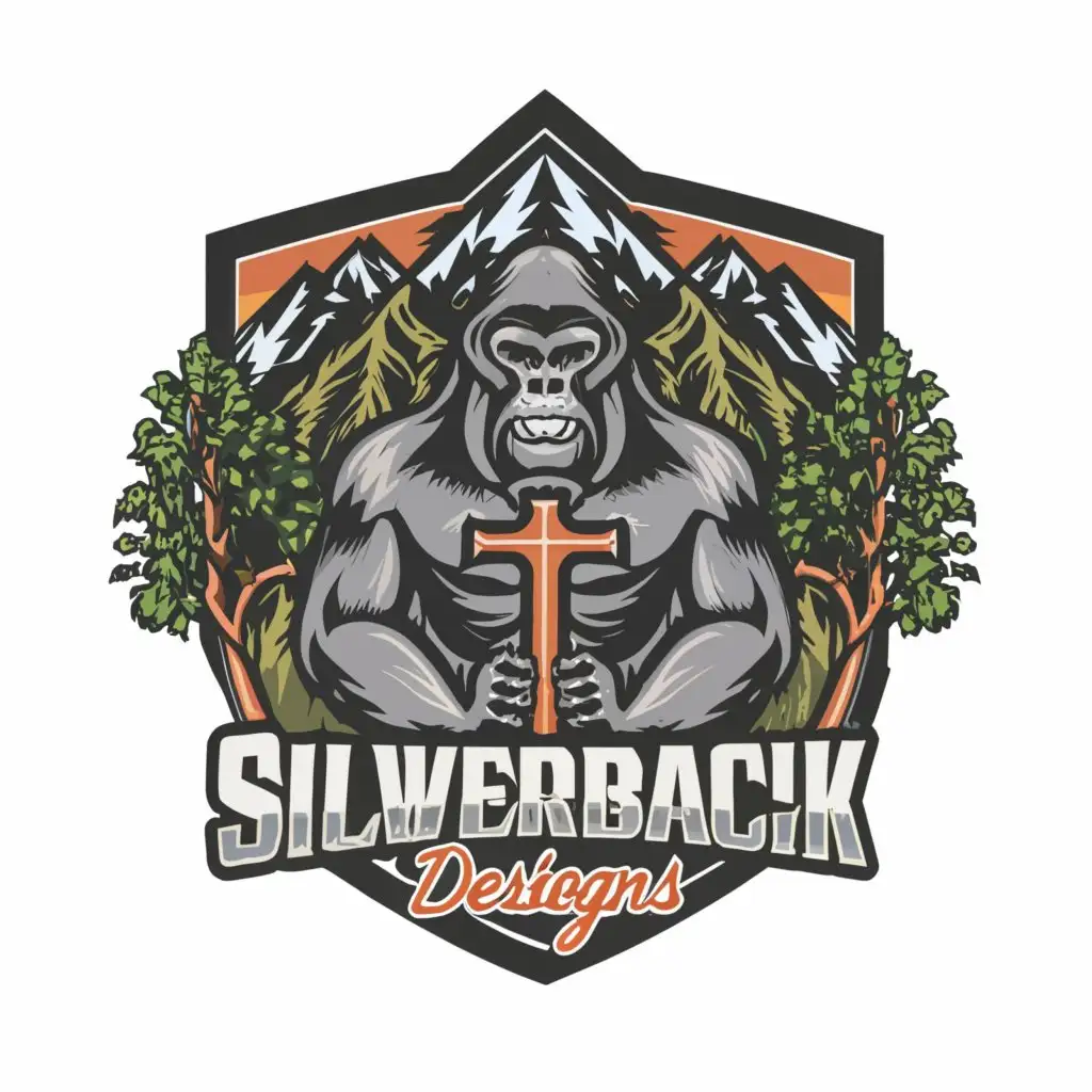 a logo design, with the text 'Silverback Designs', main symbol: Gorilla Christian cross shield mountains trees happy, complex, to be used in Religious industry, clear background