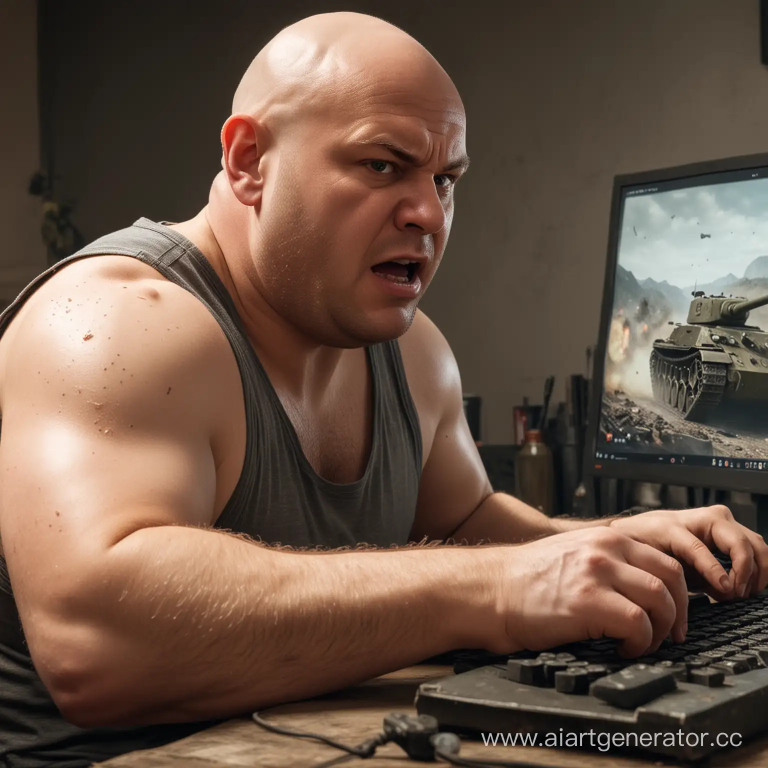 A fat, bald, dirty man plays world of tanks on his computer and yells at his fat teenage boy.