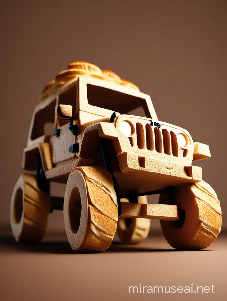 Jeep wrangler made of bread, bodywork made of bread, wheels of bread, bread texture, brown background, low angle view, 3D style