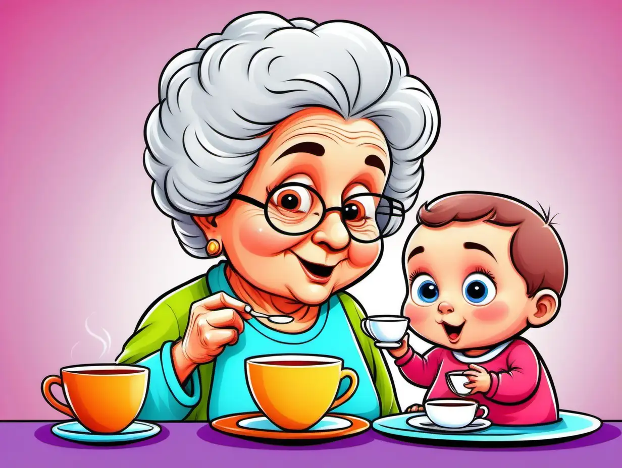 Charming Cartoon Scene Baby and Grandma Enjoying Tea on a Colorful Background