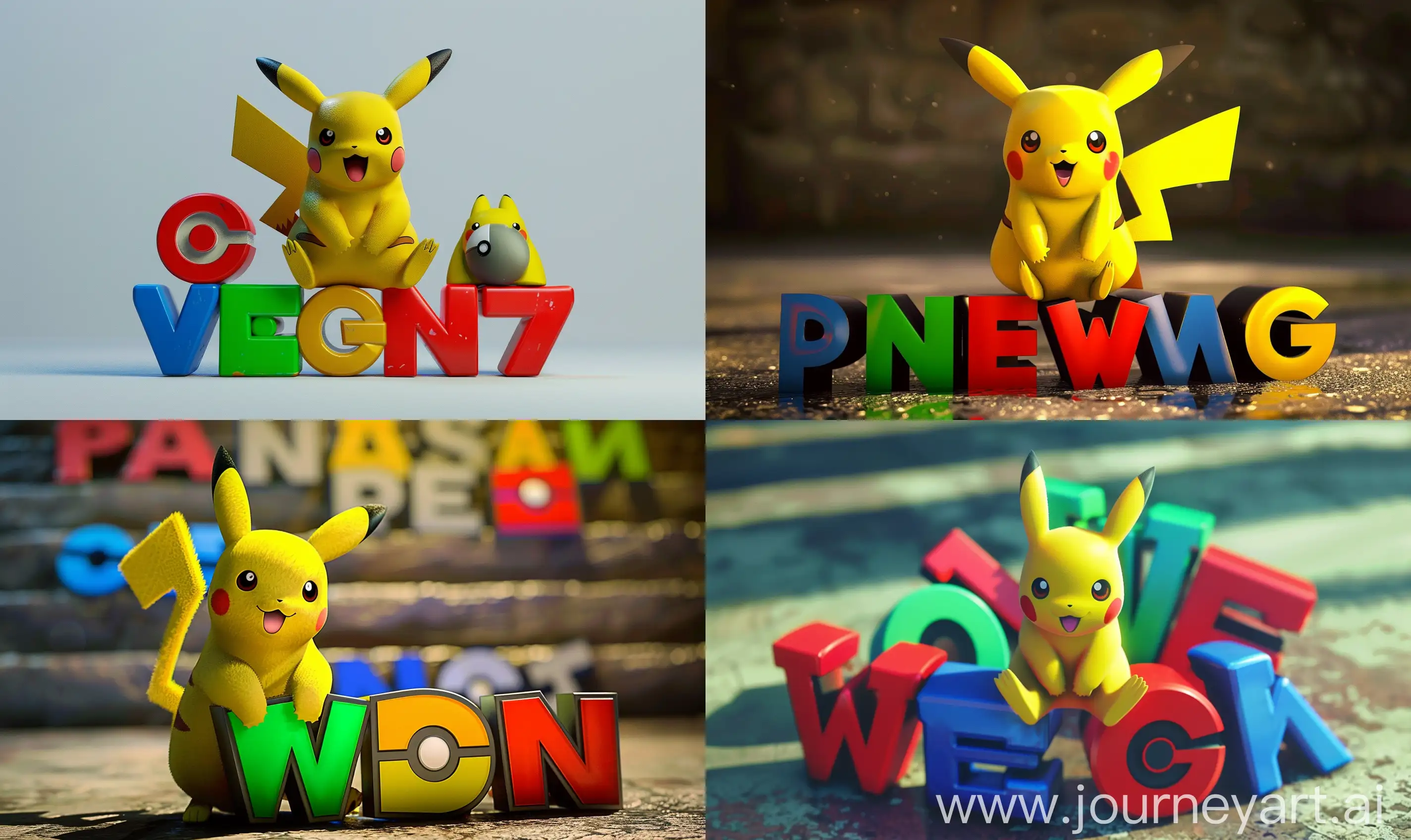WEAZEL NEWS from GTA 5 Pokemon-style logo with pikachu sitting on different letters --ar 5:3
