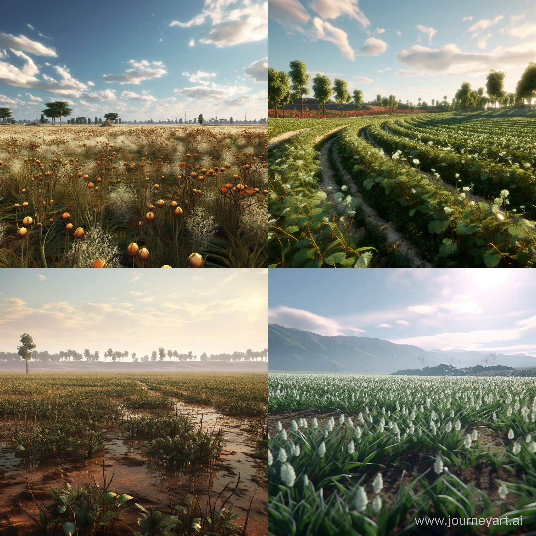 A large field with baotnas growing on it. 3D animation 