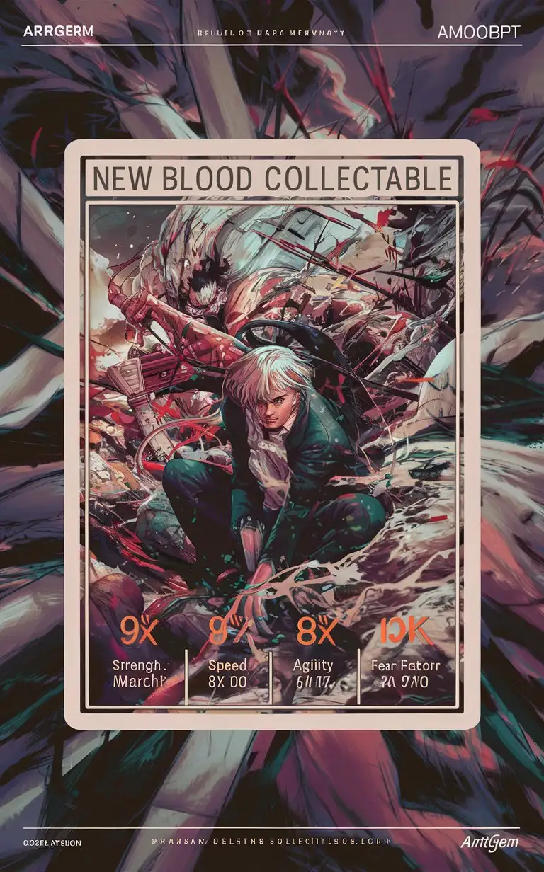 plain border add bold text""New Blood Collectable"" complex "Anarchy" card include name "Anarchy" manga card include stats"Strength: 9/10""Speed: 8/10""Agility: 7/10""Intelligence: 5/10""Fear Factor: 10/10" premium 14PT card stock authenticated breathtaking 8k 16k visuals --chaos 90 --testpfx REWORKS 5 0. 1 7 0. 1 MMOPG network; 9 0 s stock; trending on artgerm; hyperrealism