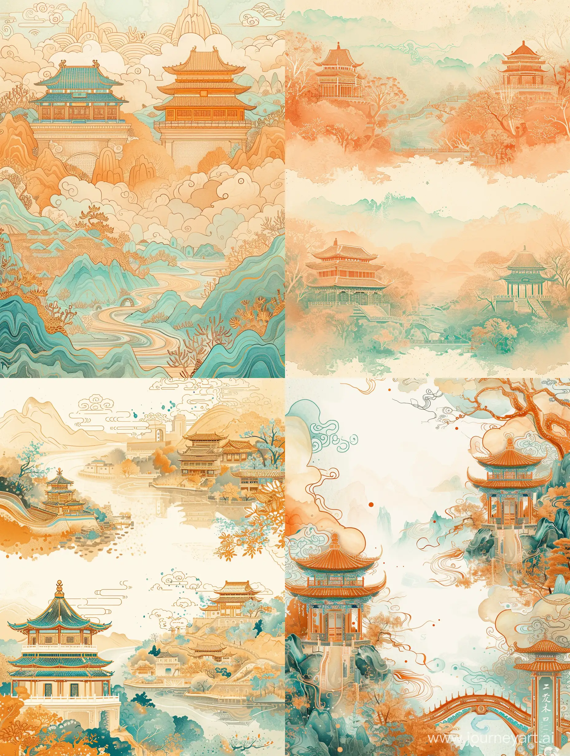 Two variants of the ornamental background, landscape of the ancient civilization of China, in the old style, delicate, transparent colors, linear, many details, colors of ochre, orange, turquoise, light brown, blue, stylized caricature, watercolor, decorative, flat drawing