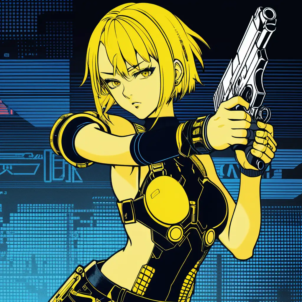 anime cyberpunk girl, exposed midriff, short chin length yellow hair, firing futuristic handgun, posterized halftone, full body shot