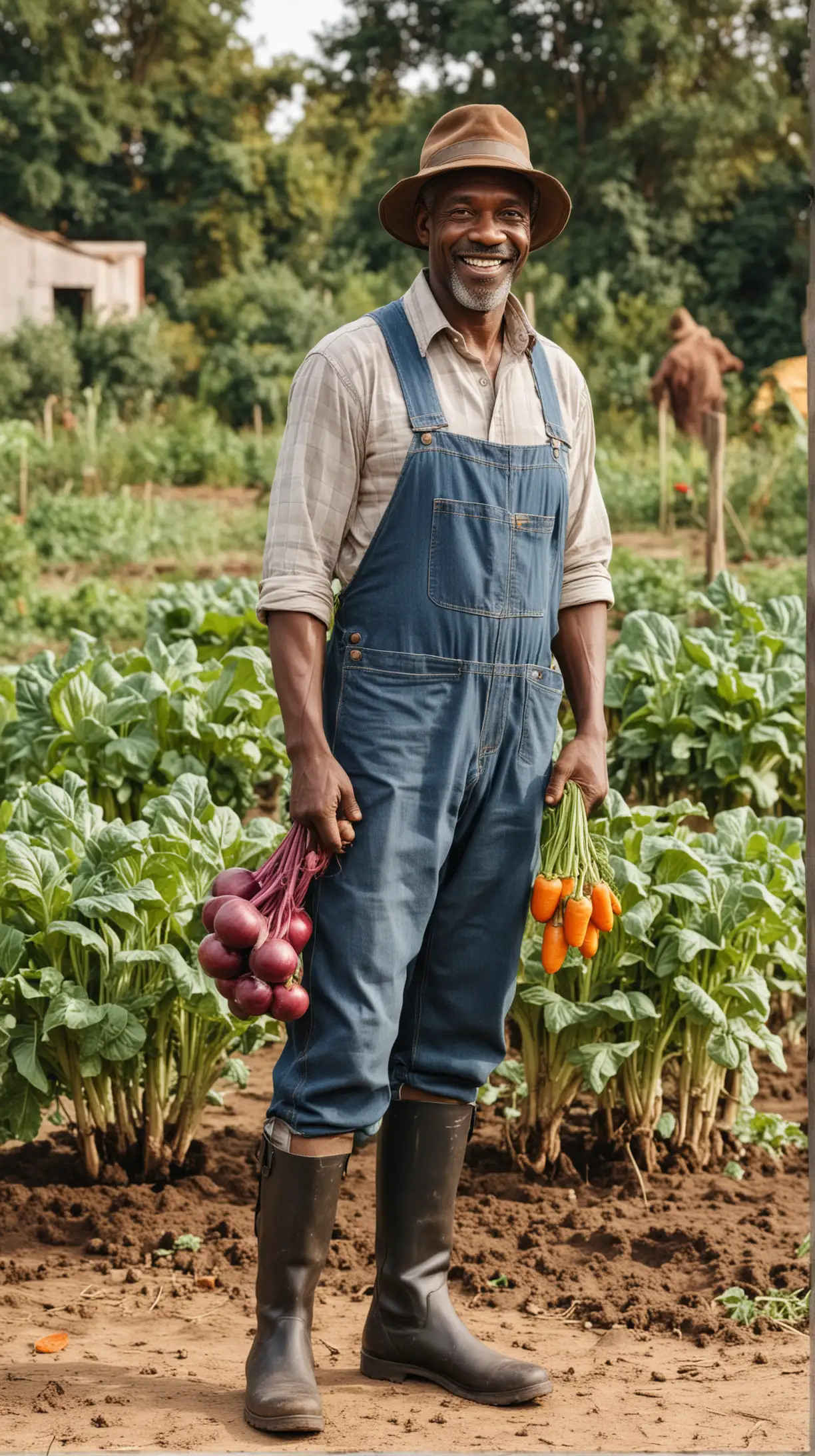 Smiling Mature African male Farmer in boots holding vegetables. Standing  side profile
