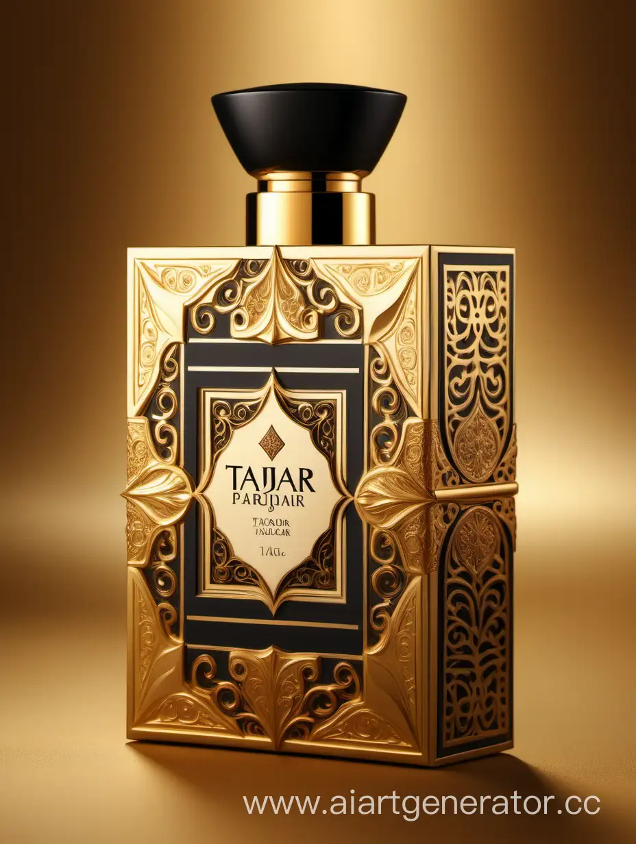 Luxurious-Perfume-Box-Design-TAJDAR-Product-in-Elegant-Gold-and-Royal-Black