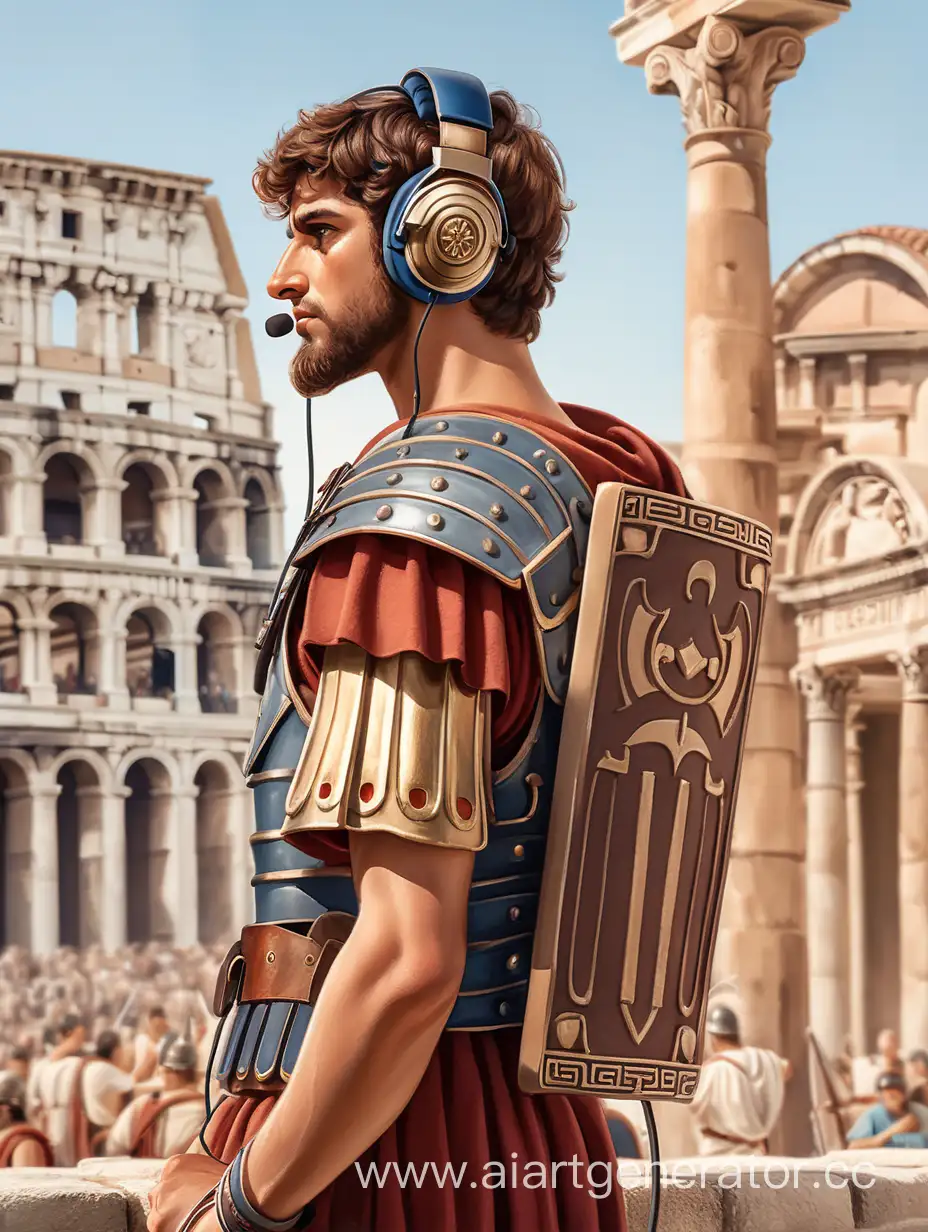 Young Roman soldier listening to music through Roman style wireless headphones, wiry build tall height,  no wires no microphones, with brown short beard and brown hair, medium tan skin, with a kind look, lofi aesthetics, wearing Roman armor, ancient Roman city in background, precise line work, warm colors, roman red and blue, full body,  far view , natural pose