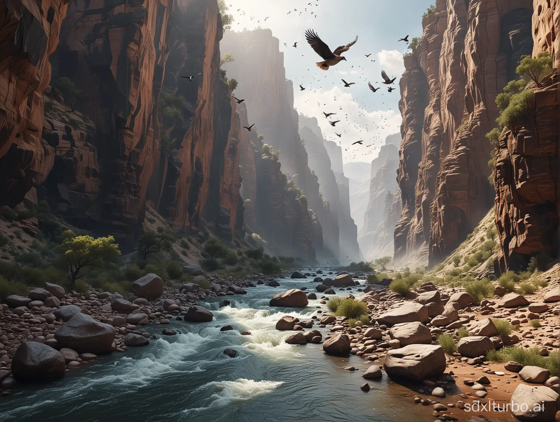 Deep canyon with a rushing river and birds flying over it. Realistic