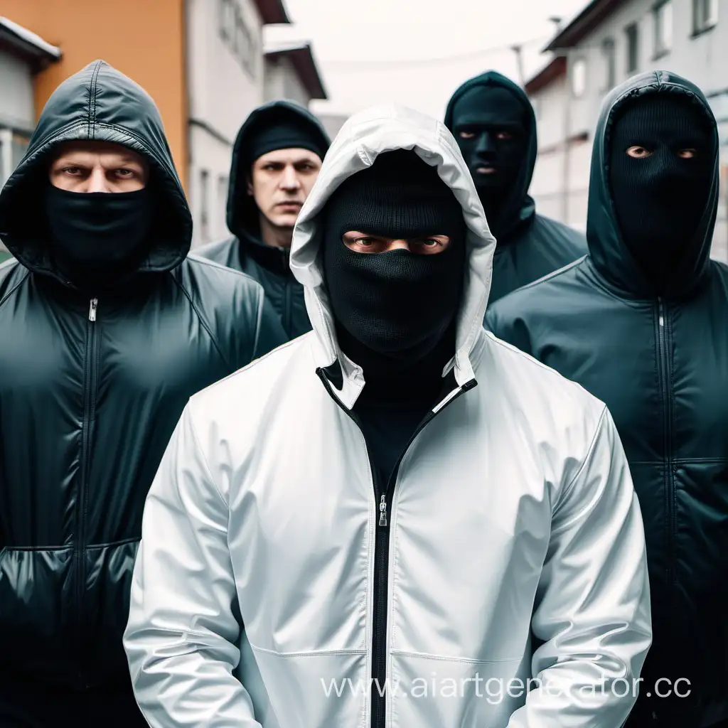 A man in balaclava and hood, wearing a white anorak. He is standing with gangsters in the Russian  